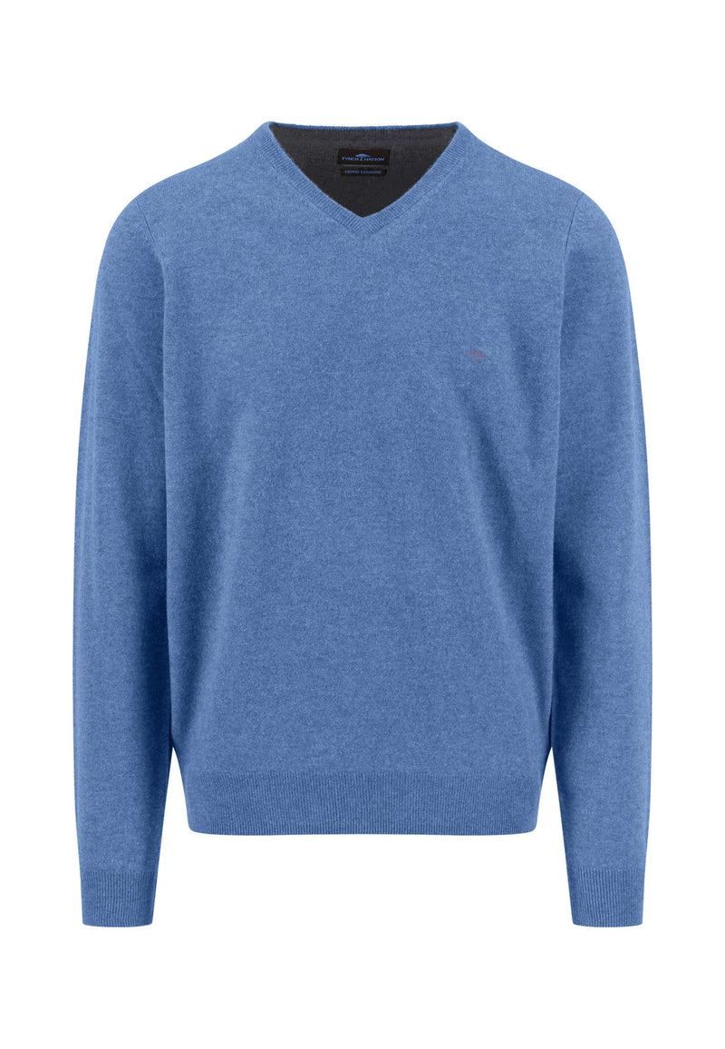 Fynch Hatton V-ringad tröja Merino Cashmere Crystal blue